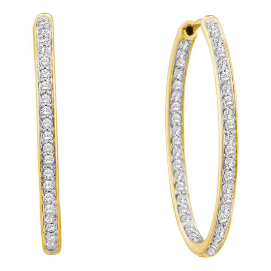 14k Yellow Gold Round Diamond Inside Outside Endless Hoop Earrings 1/2 Cttw