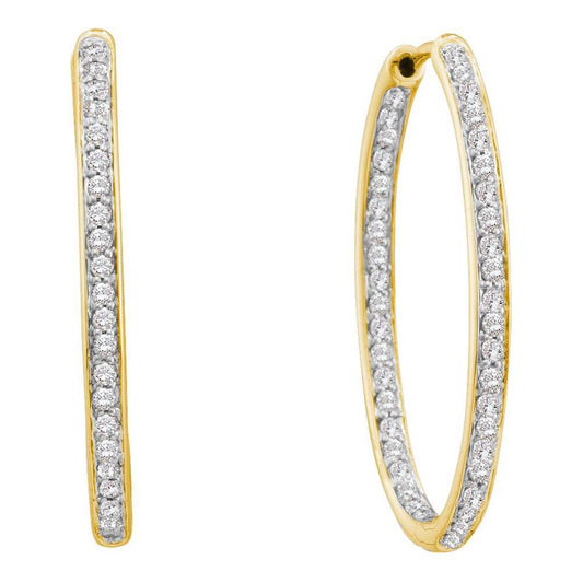 14k Yellow Gold Round Diamond Inside Outside Hoop Earrings 1 Cttw