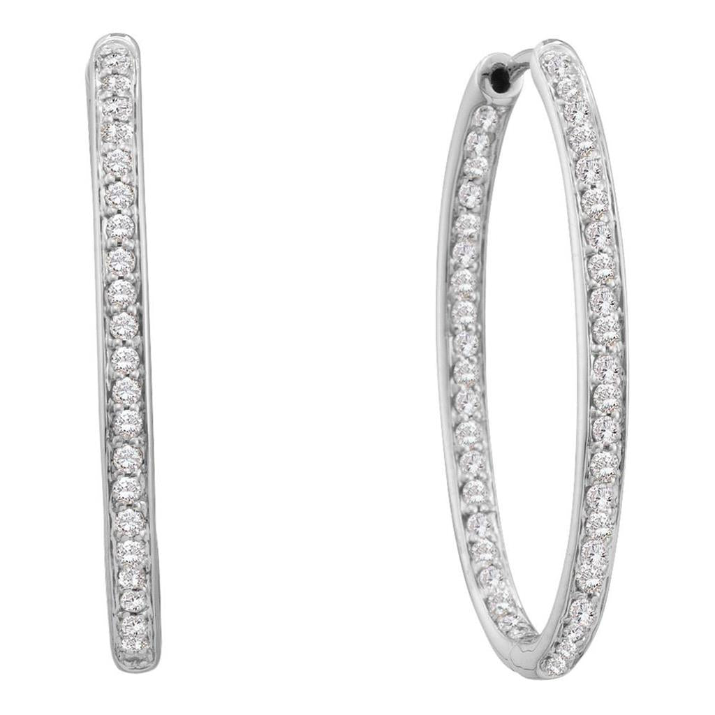 14k White Gold Round Diamond Oblong Inside Outside Endless Hoop Earrings 1 Cttw