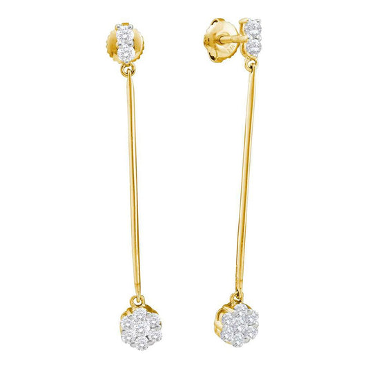 14k Yellow Gold Round Diamond Slender Flower Cluster Dangle Earrings 1/2 Cttw