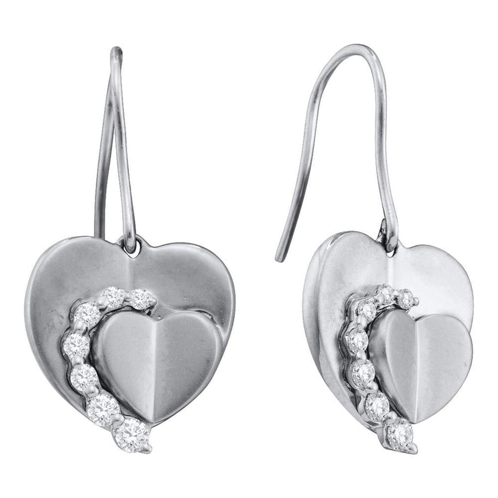 14k White Gold Round Diamond Heart Dangle Wire Earrings 1/3 Cttw