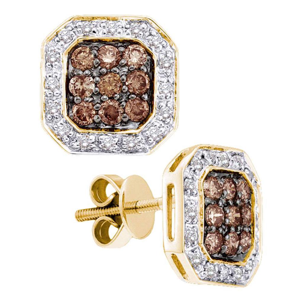 14k Yellow Gold Round Brown Diamond Cluster Earrings 3/4 Cttw