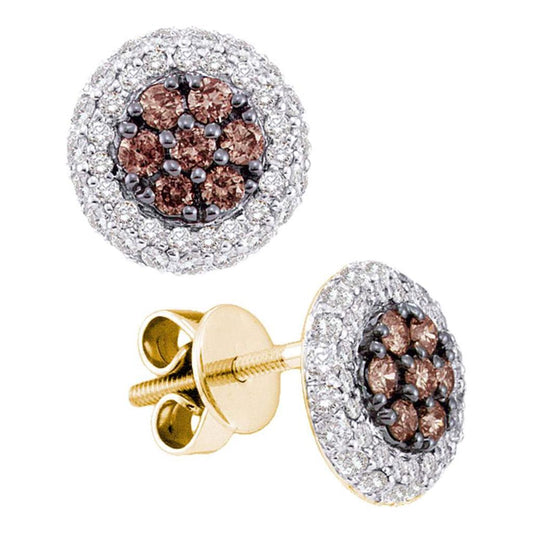 14k Yellow Gold Round Brown Diamond Cluster Earrings 3/4 Cttw