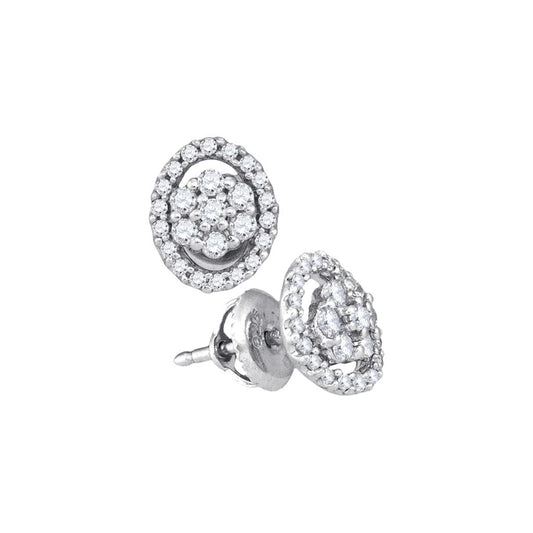 14k White Gold Round Diamond Oval Flower Cluster Earrings 1/2 Cttw