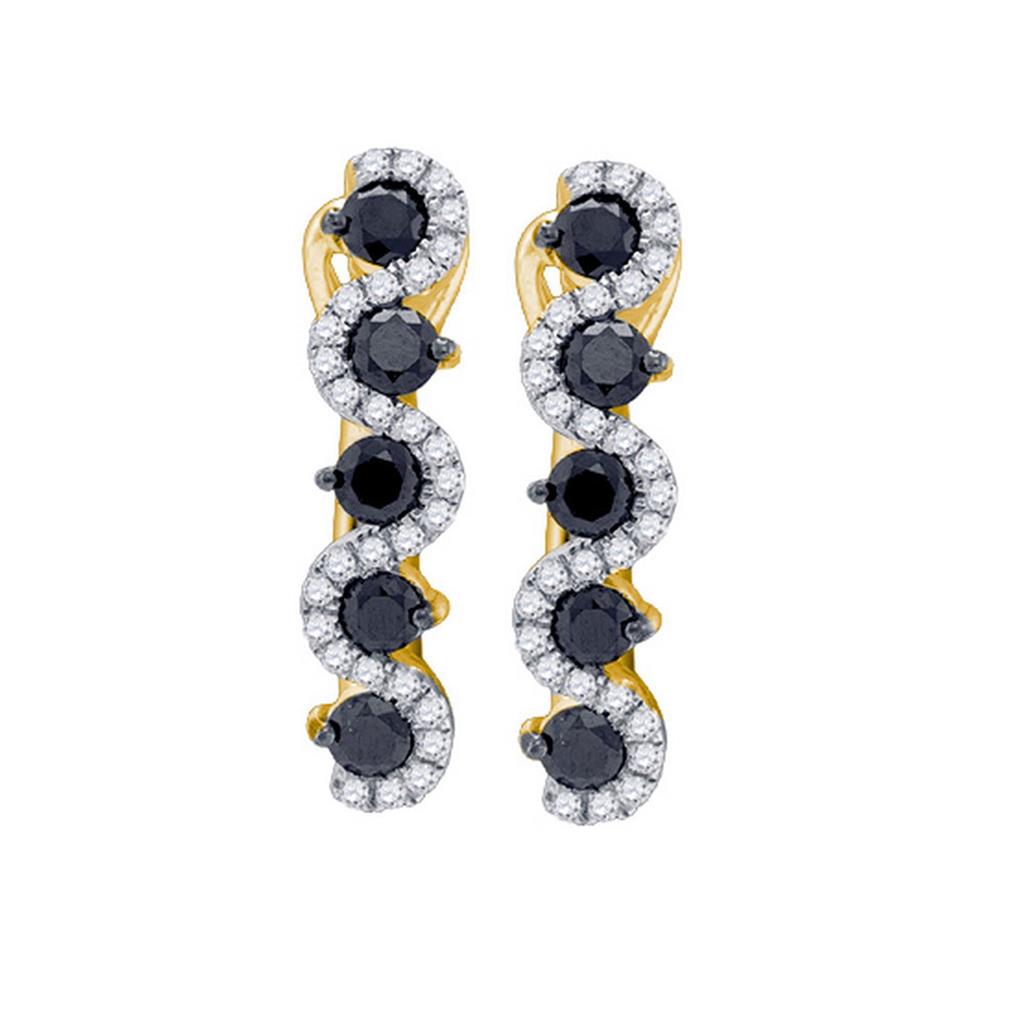 10k Yellow Gold Round Black Diamond Hoop Earrings 1 Cttw