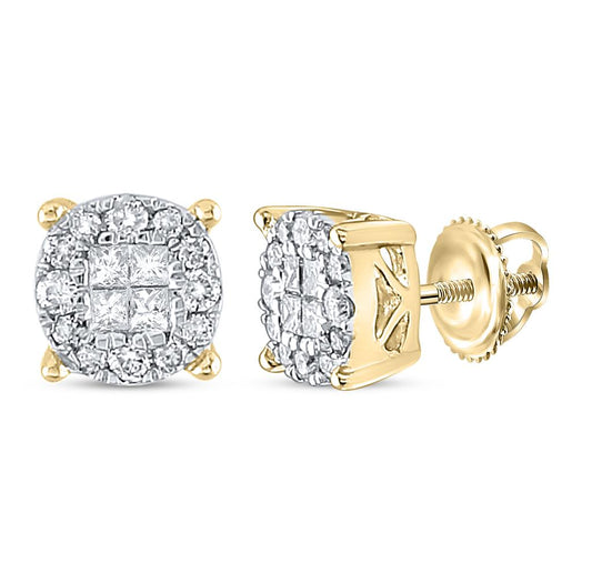 14k Yellow Gold Princess Round Diamond Cluster Earrings 1/4 Cttw