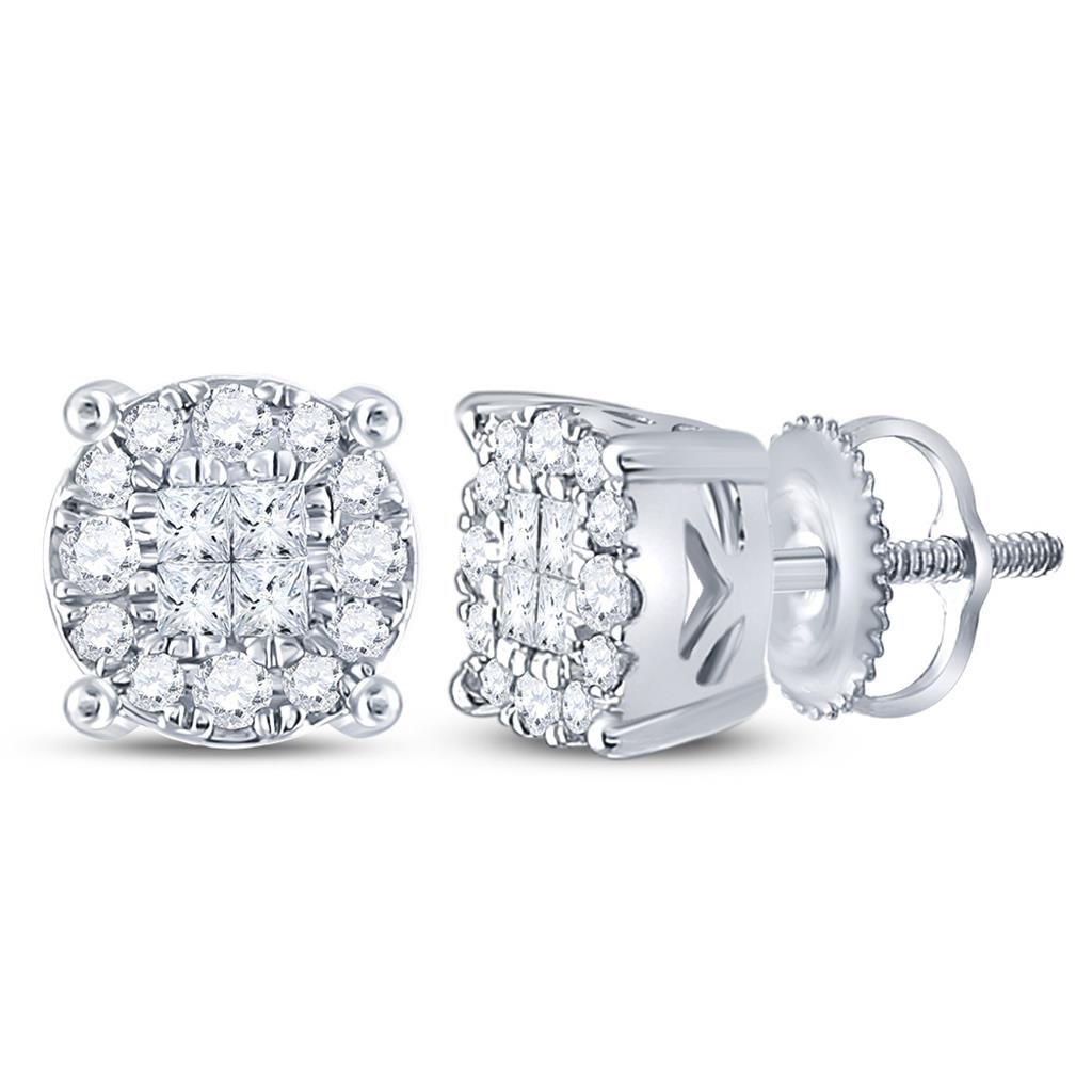 14k White Gold Princess Diamond Fashion Cluster Earrings 1/4 Cttw