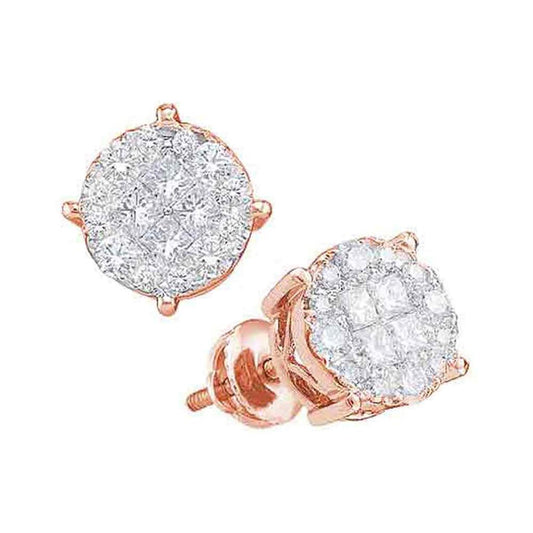 14k Rose Gold Princess Round Diamond Fashion Cluster Earrings 1/2 Cttw