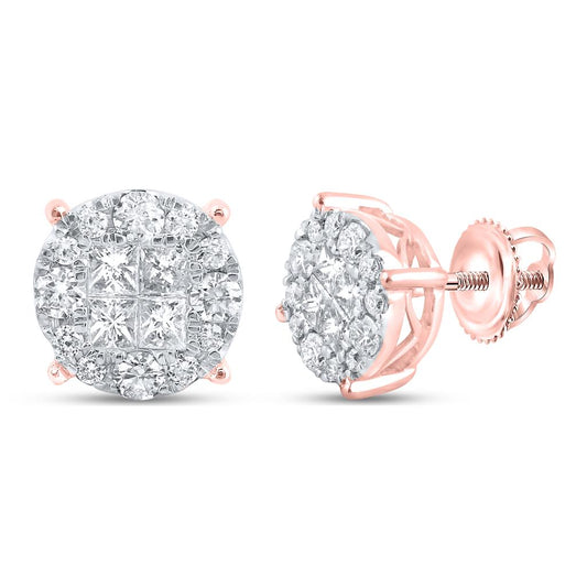 14k Rose Gold Princess Round Diamond Cluster Earrings 1 Cttw