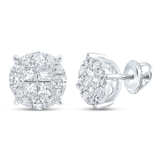 14k White Gold Princess Round Diamond Cluster Earrings 1 Cttw