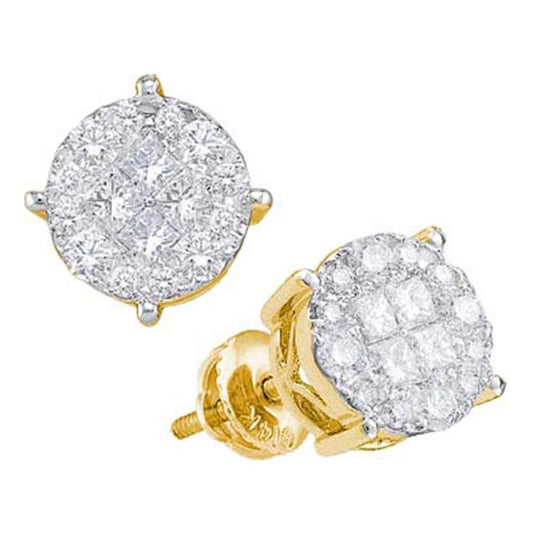 14k Yellow Gold Princess Round Diamond Cluster Earrings 1-1/2 Cttw