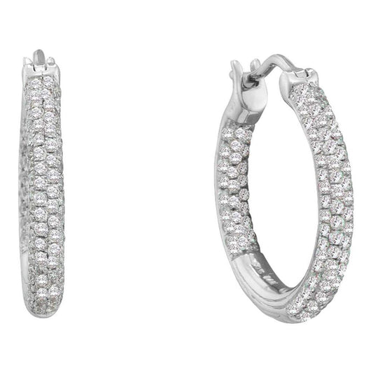 14k White Gold Round Diamond Inside Outside Hoop Earrings 1 Cttw