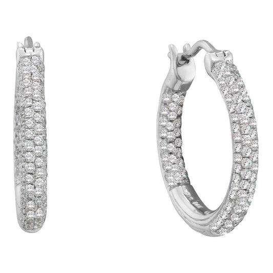 14k White Gold Round Diamond Inside Outside Hoop Earrings 1/2 Cttw