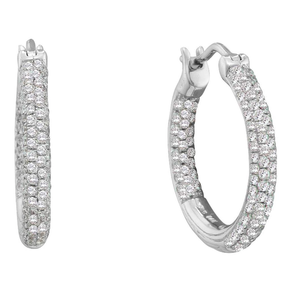 14k White Gold Round Diamond Inside Outside Hoop Earrings 1/2 Cttw