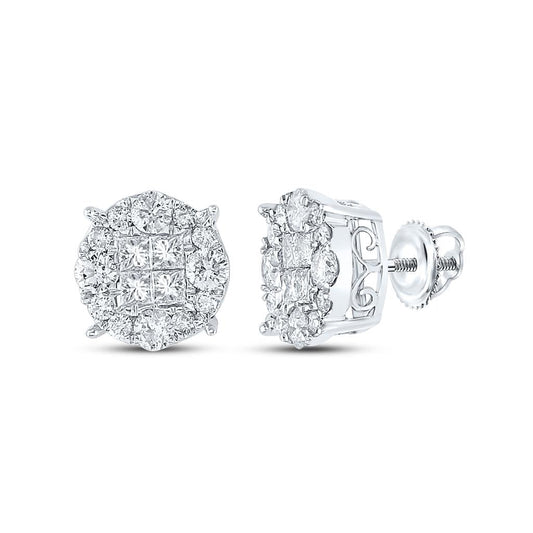 14k White Gold Princess Round Diamond Cluster Earrings 2 Cttw