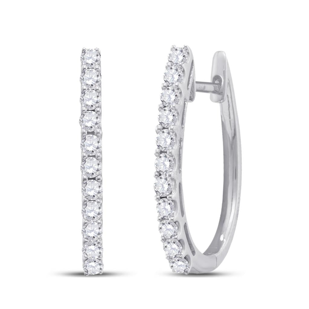 14k White Gold Round Diamond Single Row Hoop Earrings 1 Cttw