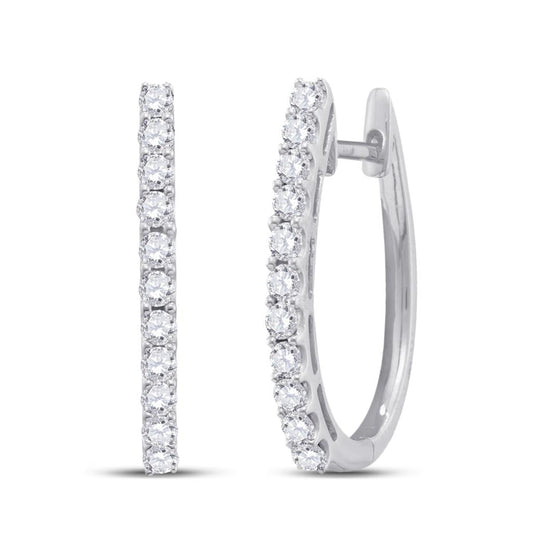14k White Gold Round Diamond Single Row Hoop Earrings 1 Cttw