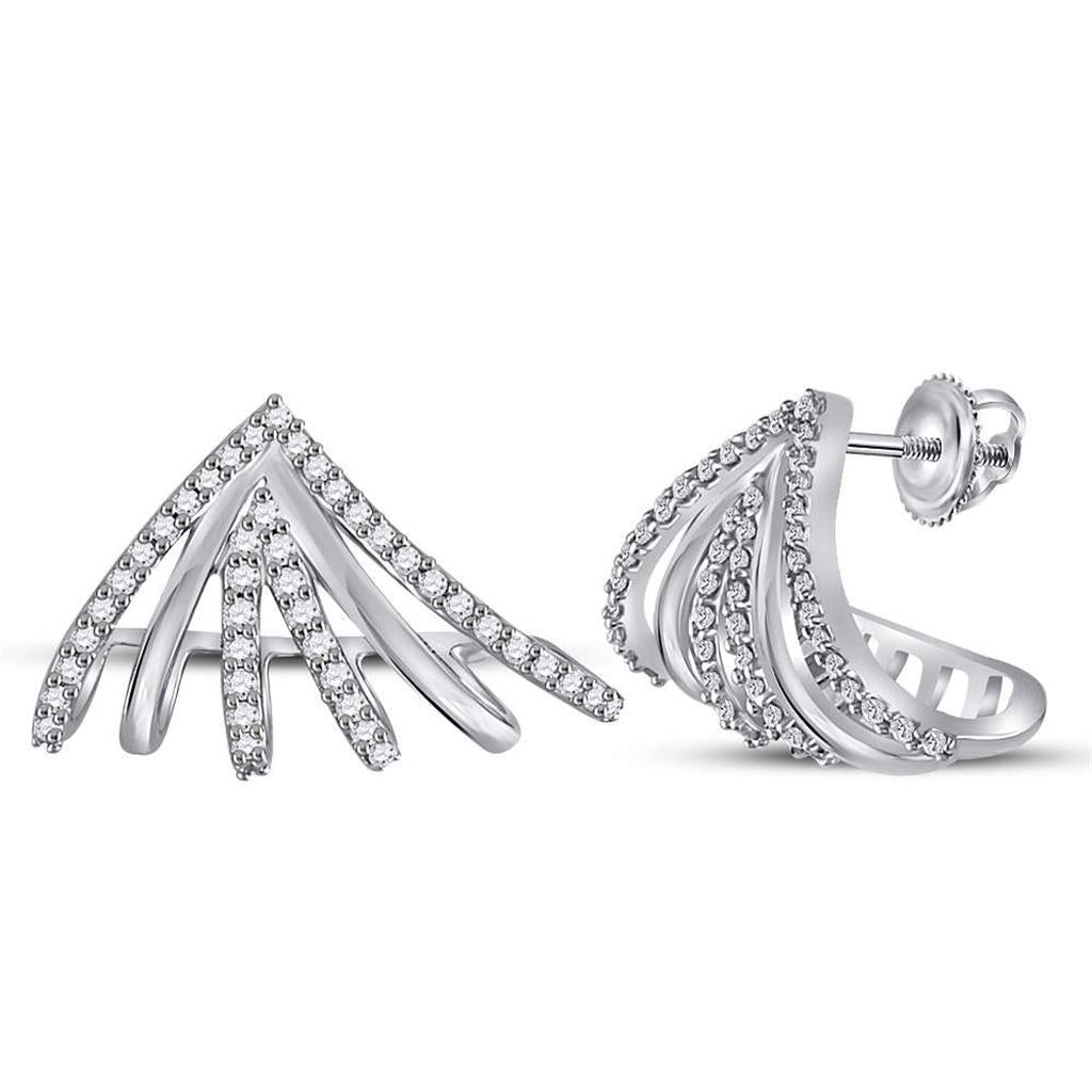 14kt White Gold Round Diamond Lobe Half Hoop Earrings 3/8 Cttw