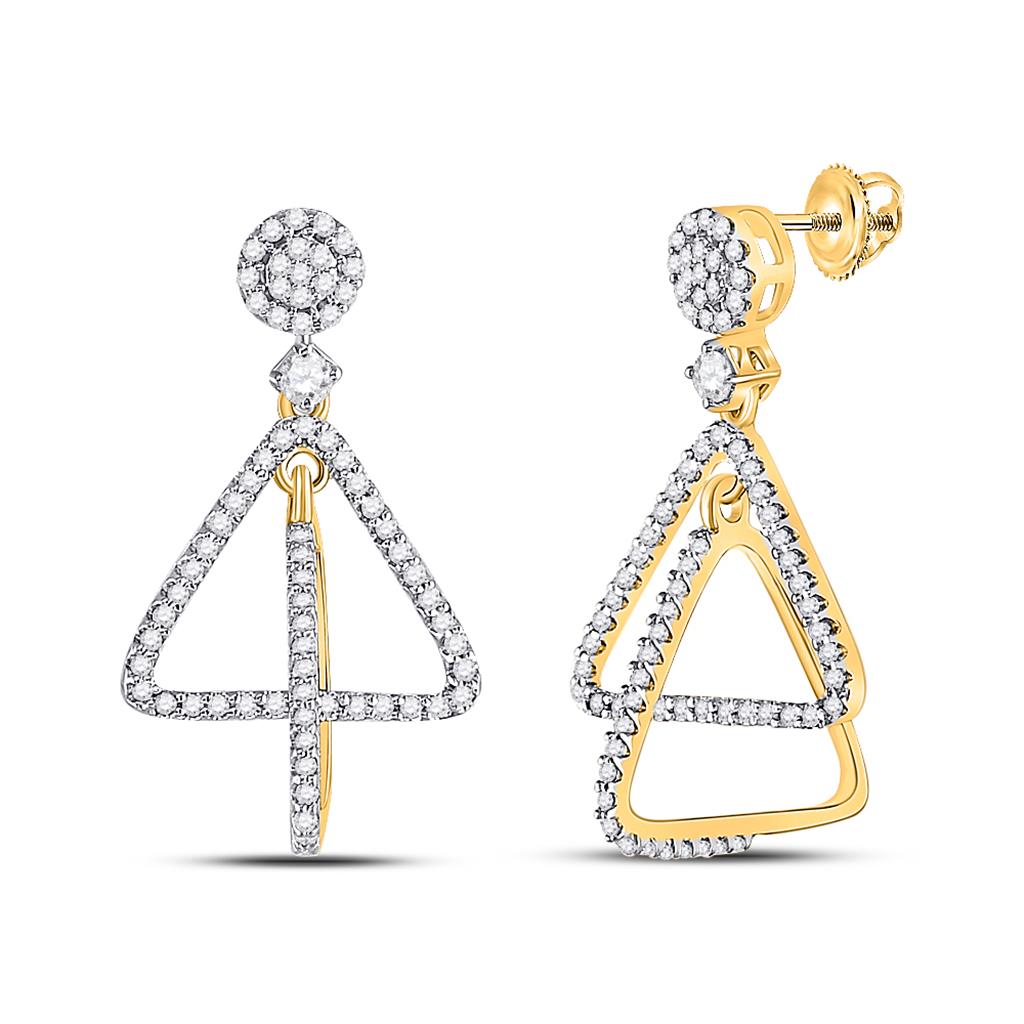 10k Yellow Gold Round Diamond Triangle Dangle Earrings 3/8 Cttw