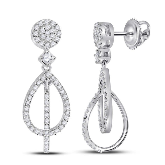 14k White Gold Round Diamond Double Teardrop Dangle Earrings 3/8 Cttw