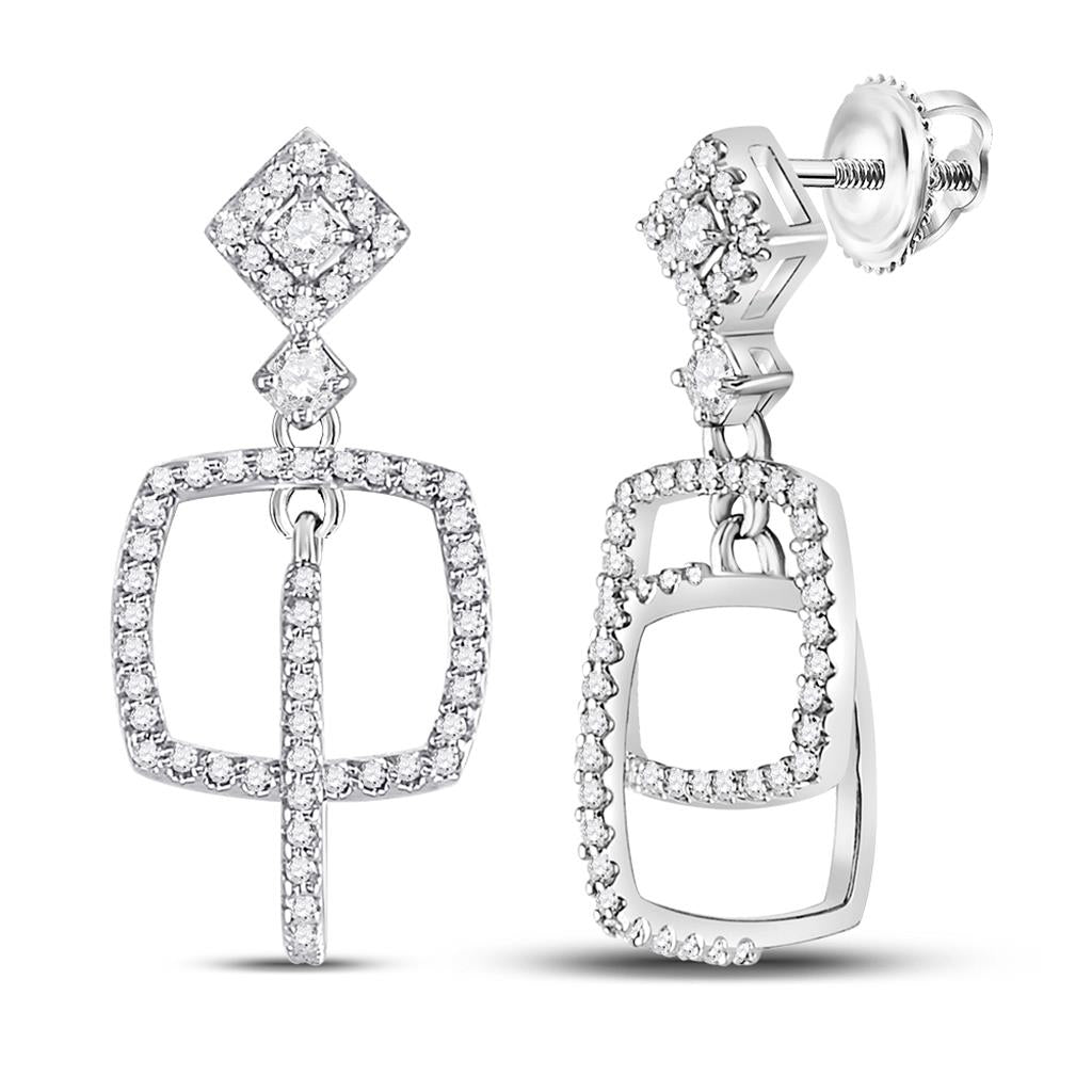 14k White Gold Round Diamond Dangle Square Earrings 3/8 Cttw