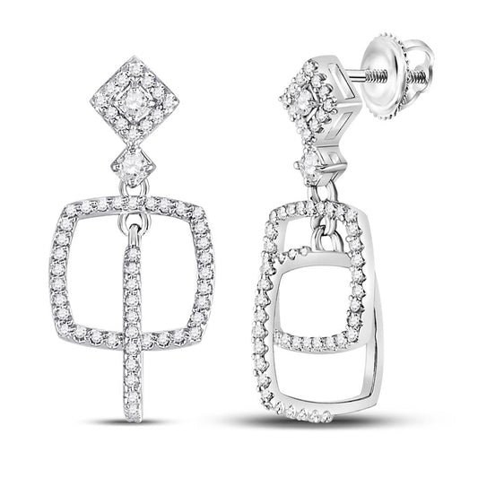 14k White Gold Round Diamond Dangle Square Earrings 3/8 Cttw