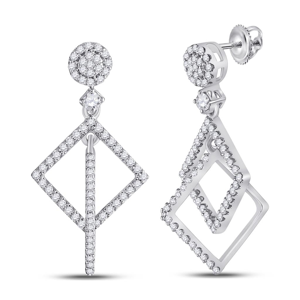 14k White Gold Round Diamond Diagonal Square Dangle Earrings 3/8 Cttw