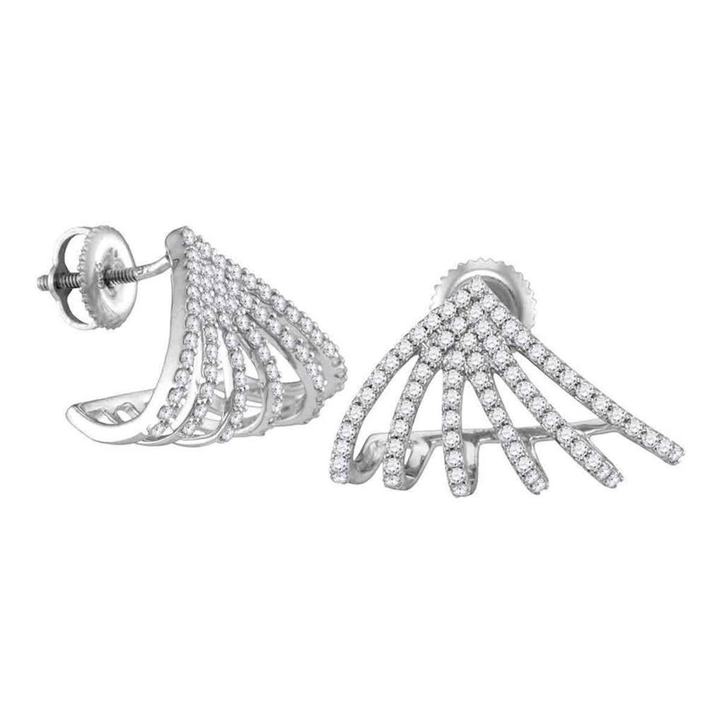 14k White Gold Round Diamond Half J Hoop Cuff Earrings 5/8 Cttw