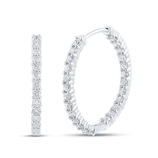 14k White Gold Round Diamond Inside Outside Hoop Earrings 3 Cttw