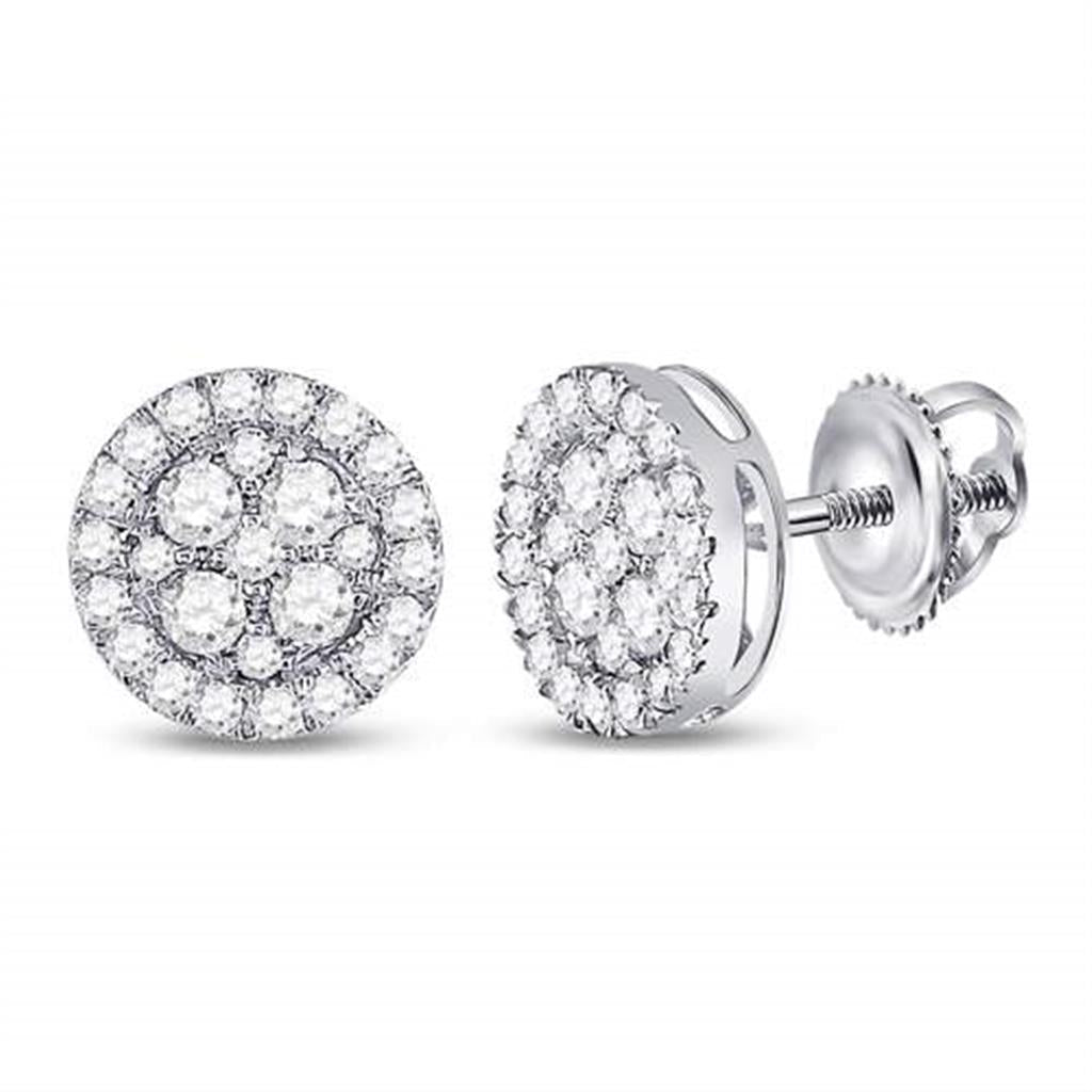 14k White Gold Round Diamond Flower Cluster Earrings 1 Cttw