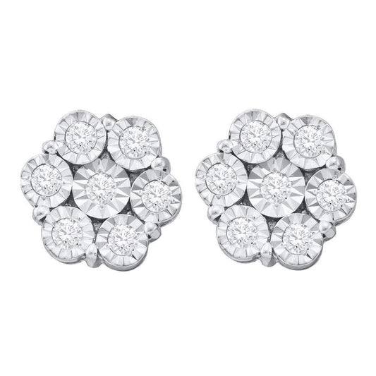 14k White Gold Round Illusion-set Diamond Flower Cluster Earrings 1 Cttw