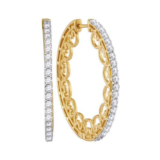 10k Yellow Gold Round Diamond Single Row Luxury Hoop Earrings 1 Cttw