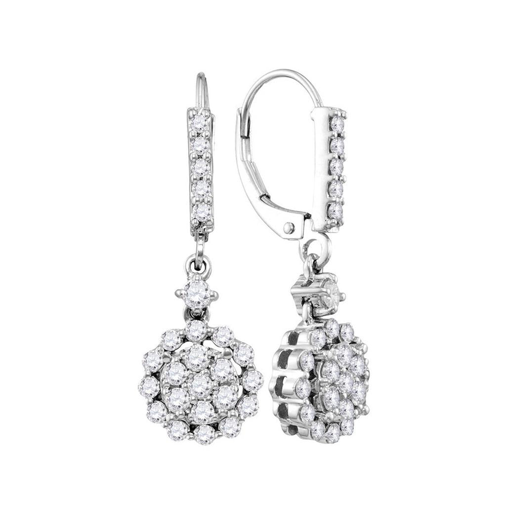 14k White Gold Round Diamond Flower Cluster Dangle Earrings 1 Cttw