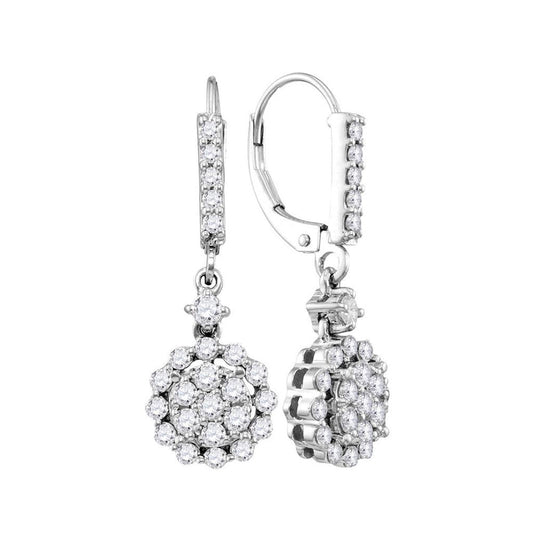 14k White Gold Round Diamond Flower Cluster Dangle Earrings 1 Cttw