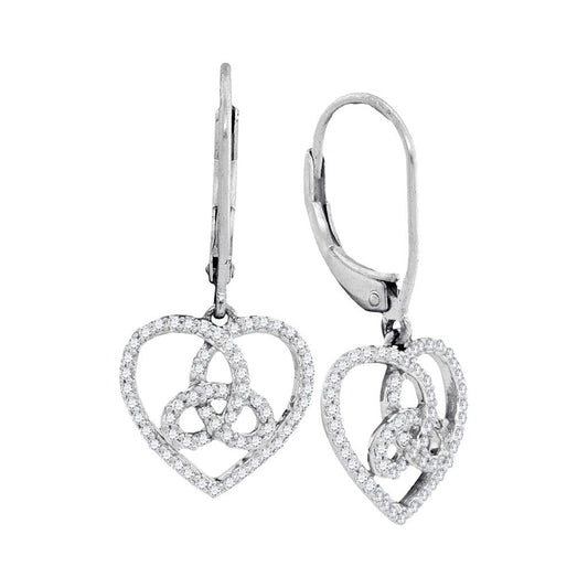 14k White Gold Round Diamond Heart Triquetra Dangle Earrings 1/4 Cttw