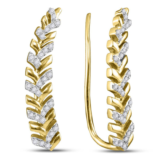 10k Yellow Gold Round Diamond Tapered Leaf Climber Earrings 1/5 Cttw