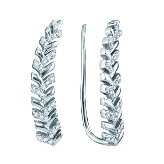 14k White Gold Round Diamond Tapered Leaf Climber Earrings 1/5 Cttw