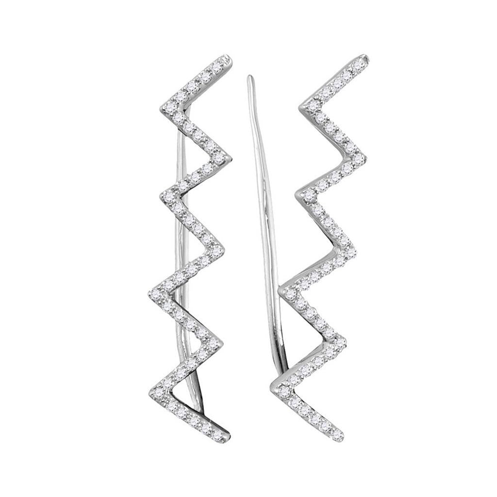 14k White Gold Round Diamond Chevron Climber Earrings 1/5 Cttw