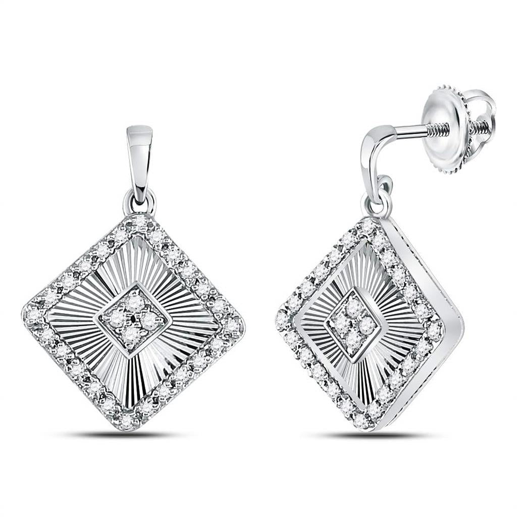 14k White Gold Round Diamond Diagonal Square Dangle Earrings 1/5 Cttw
