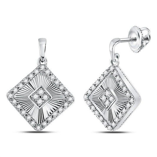 14k White Gold Round Diamond Diagonal Square Dangle Earrings 1/5 Cttw