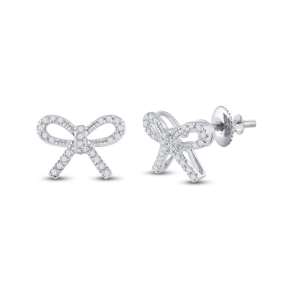 14k White Gold Round Diamond Ribbon Bow Fashion Earrings 1/5 Cttw