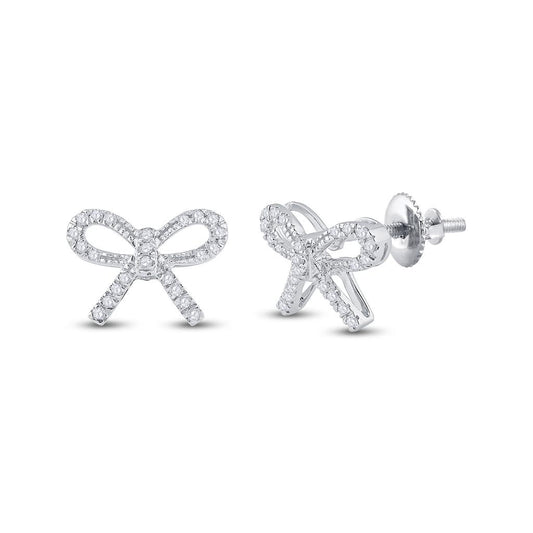 14k White Gold Round Diamond Ribbon Bow Fashion Earrings 1/5 Cttw
