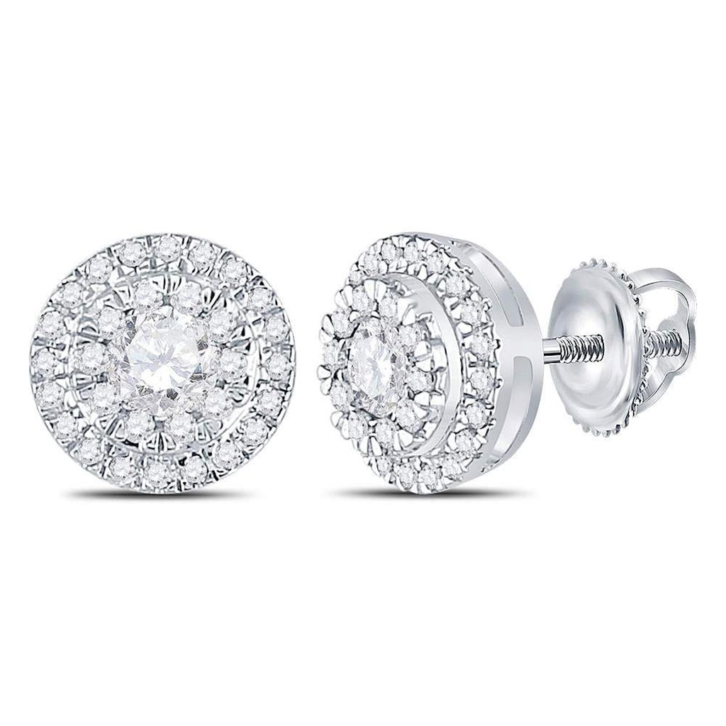 14kt White Gold Round Diamond Circle Cluster Stud Earrings 1/2 Cttw