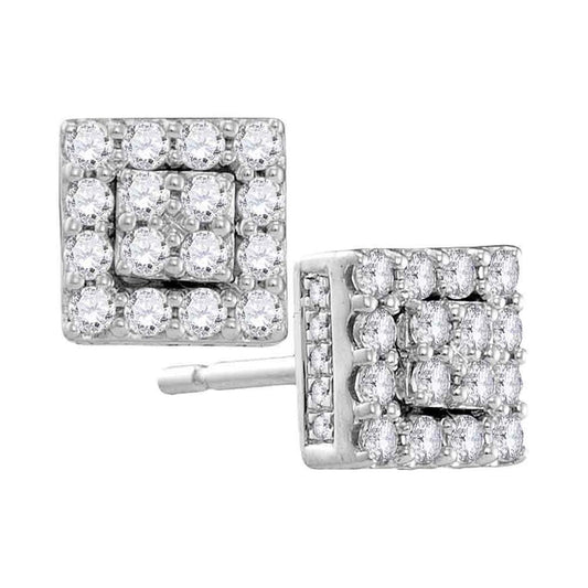 14k White Gold Round Diamond Square Cluster Earrings 1/2 Cttw