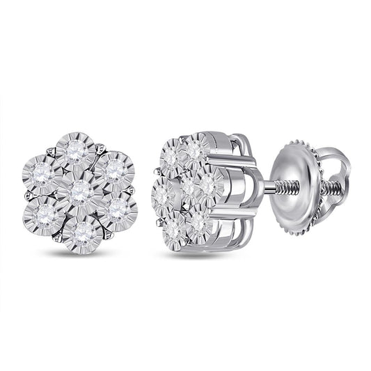 14k White Gold Round Diamond Flower Cluster Earrings 1/4 Cttw
