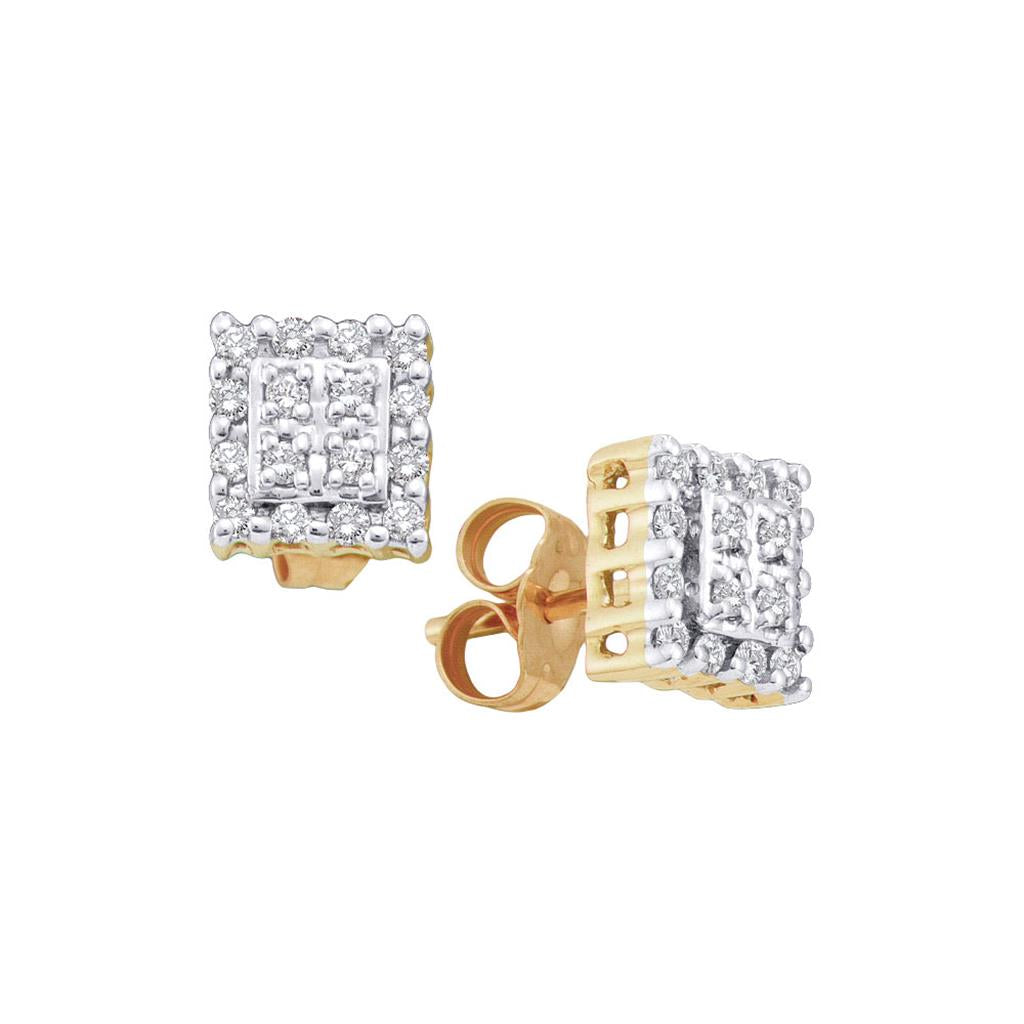 14k Yellow Gold Round Diamond Square Earrings 1/4 Cttw