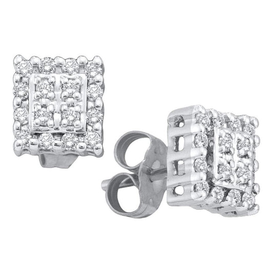 14k White Gold Round Diamond Square Cluster Earrings 1/4 Cttw