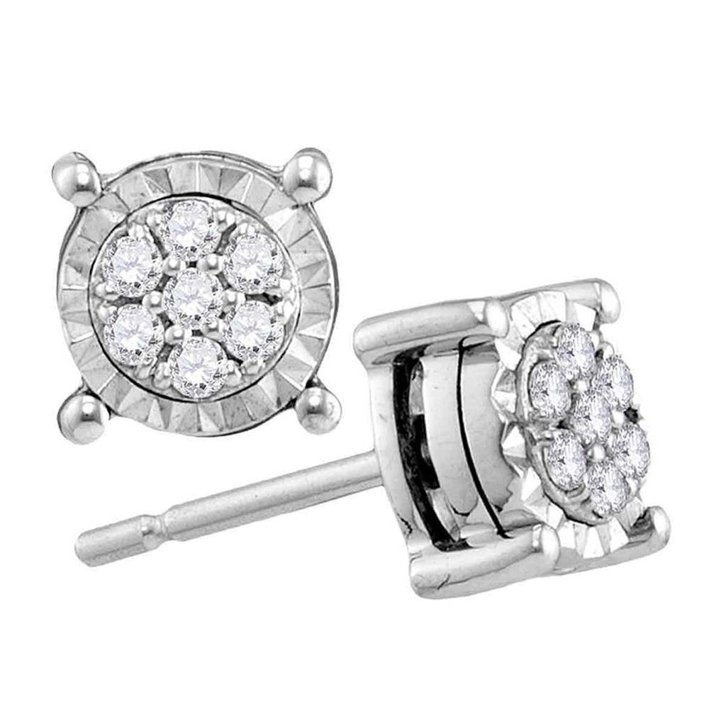 14k White Gold Round Diamond Flower Cluster Earrings 1/8 Cttw