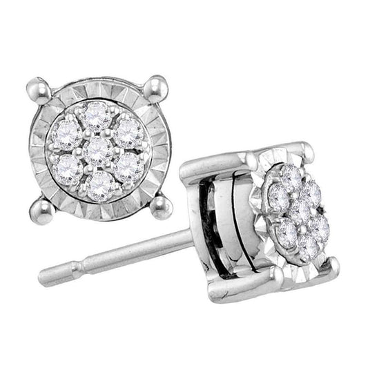 14k White Gold Round Diamond Flower Cluster Earrings 1/8 Cttw