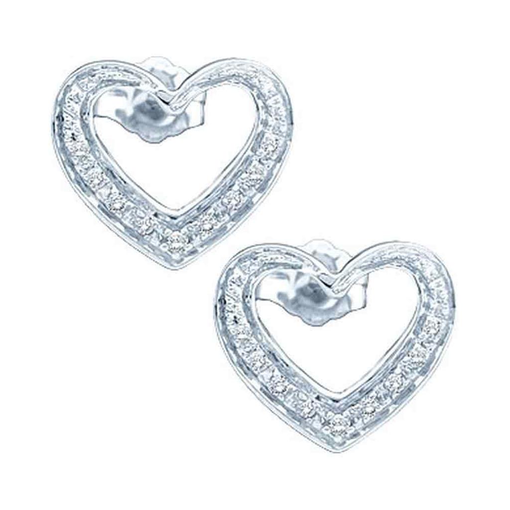 14k White Gold Round Diamond Heart Cluster Earrings 1/8 Cttw